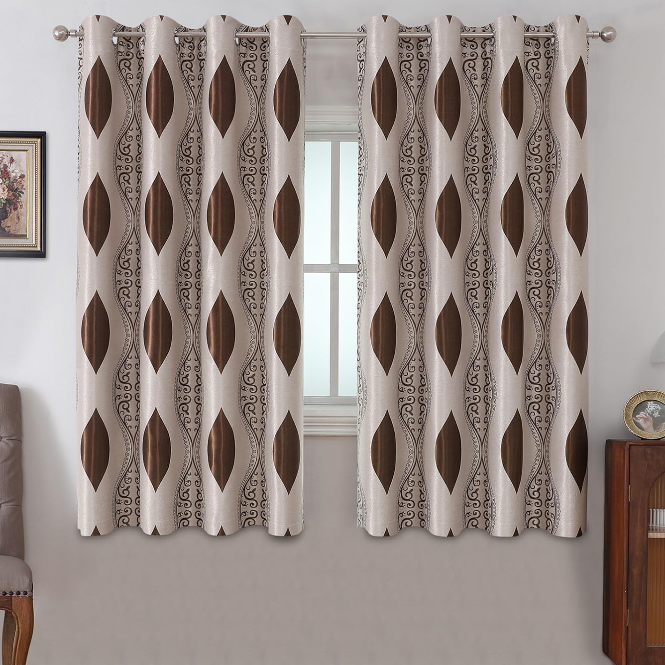 Homeideas Brown And Beige Curtains For Living Room, Wave Room Darkening Curtains 63 Inches Long 2 Panels Set, Jacquard Window Gr